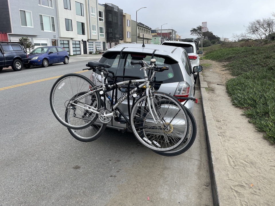Bicycle rack mounted on our Honda Fit.