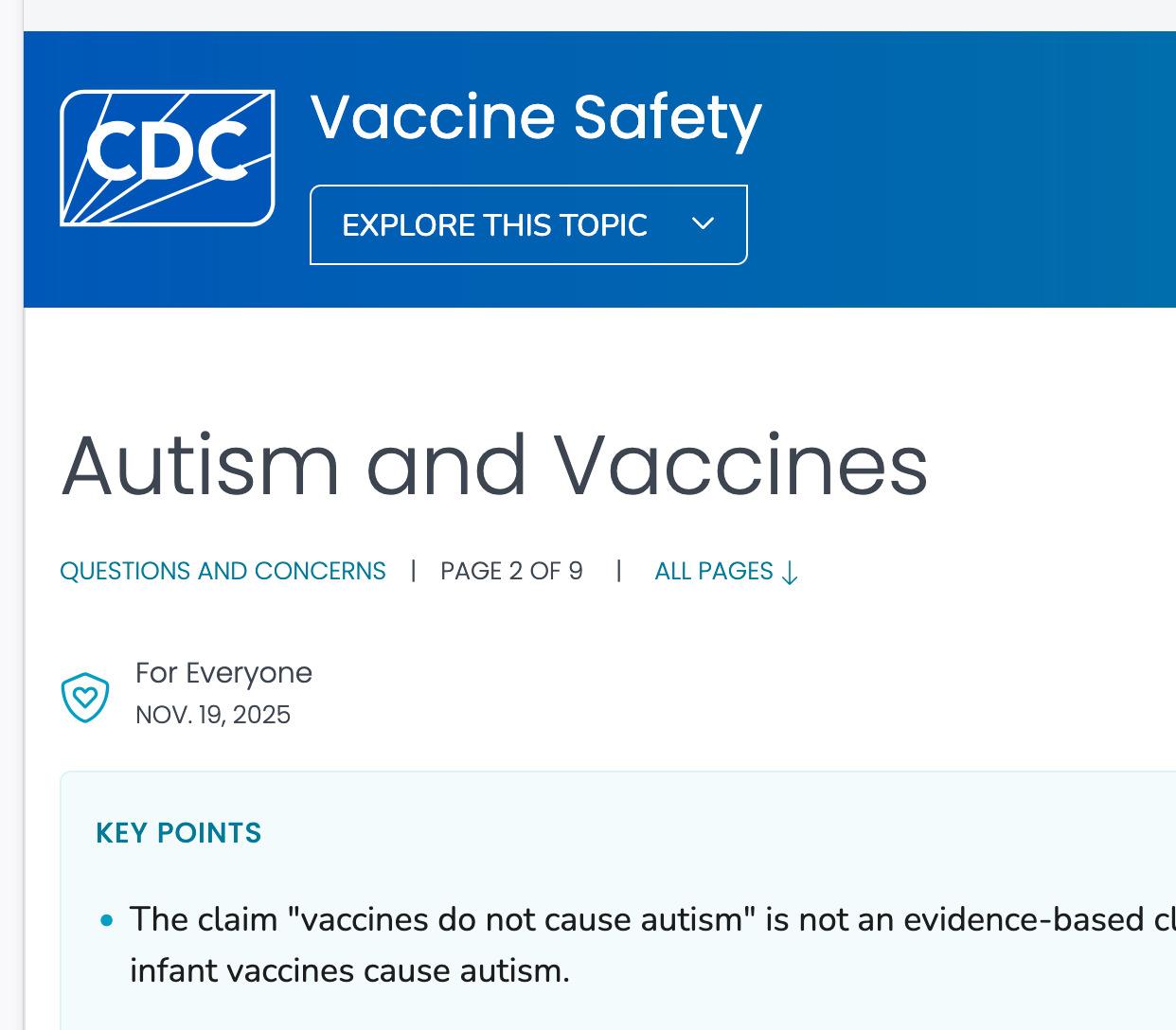 The CDC's website on the topic of autism