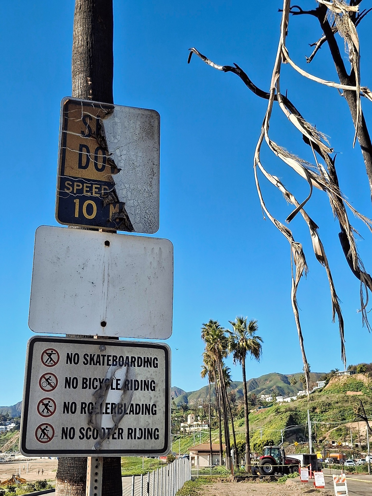 Charred traffic signs after the devastating fire.