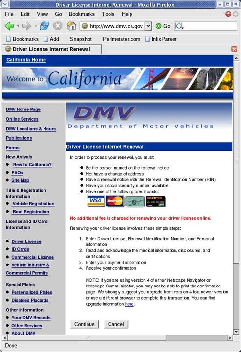 Die Seite des Department of Motor Vehicles