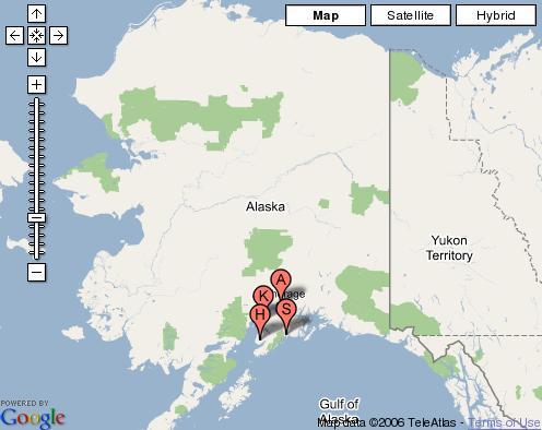 Satellitenbild von Alaska und die Orte, an denen wir waren.